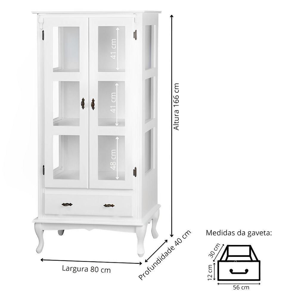 Cristaleira De Madeira 2 Portas 1 Gaveta 2 Prateleiras Pés Luiz Xv - Branco Laca - 5