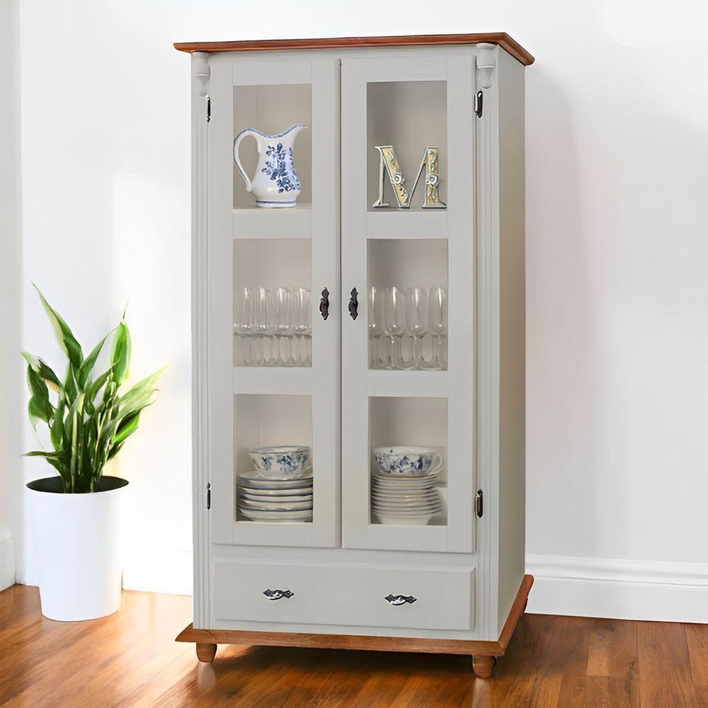 Cristaleira De Madeira 1 Gaveta 2 Prateleiras Pés Torneados - Nude Laca Com Tampo E Base Imbuia Glazer - 1