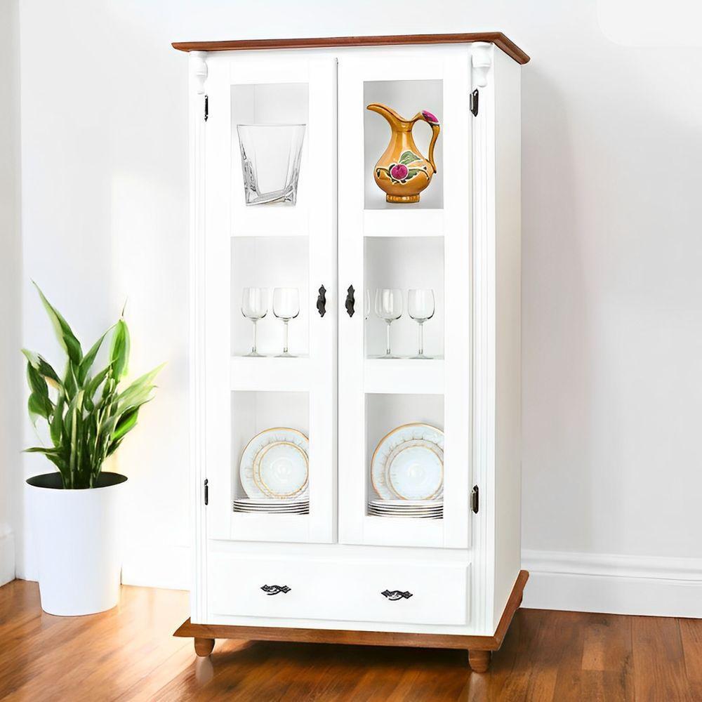 Cristaleira De Madeira 1 Gaveta 2 Prateleiras Pés Torneados - Branco Laca Com Tampo E Base Imbuia Glazer - 1