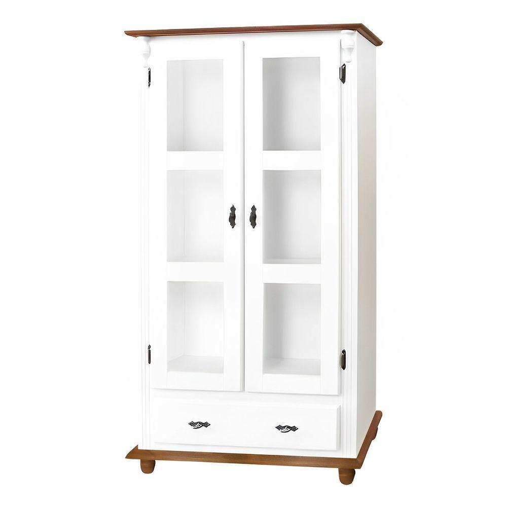 Cristaleira De Madeira 1 Gaveta 2 Prateleiras Pés Torneados - Branco Laca Com Tampo E Base Imbuia Glazer - 2