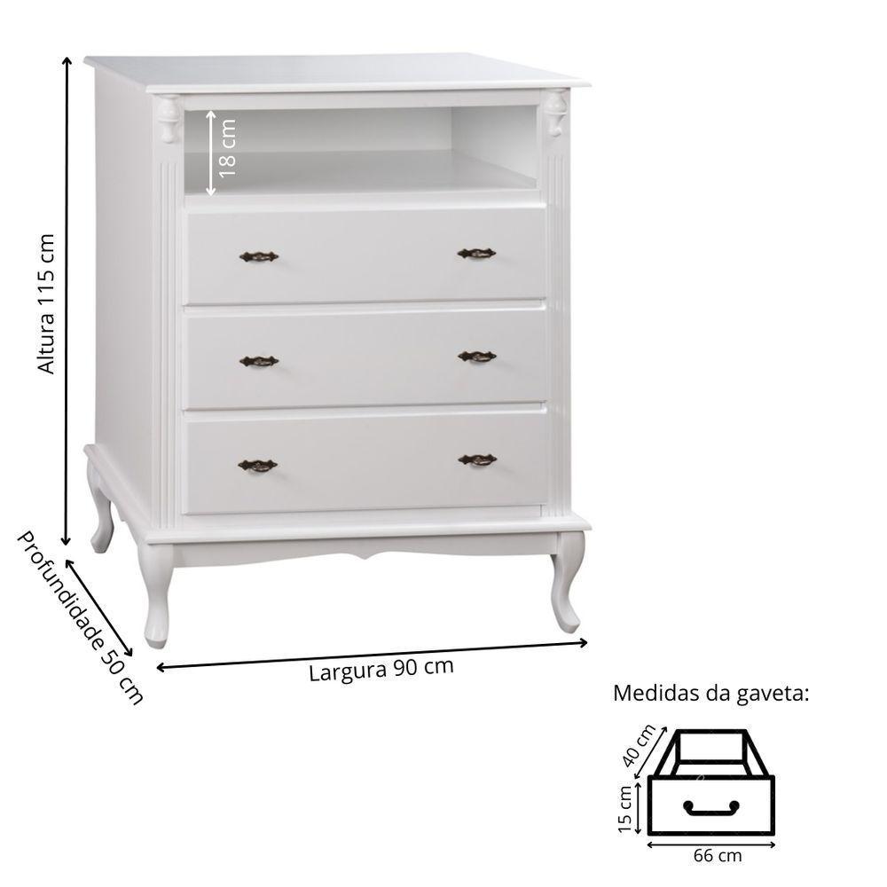 Cômoda Rústica Com 3 Gavetas E Nicho Pés Luiz Xv - Branco Laca - 3