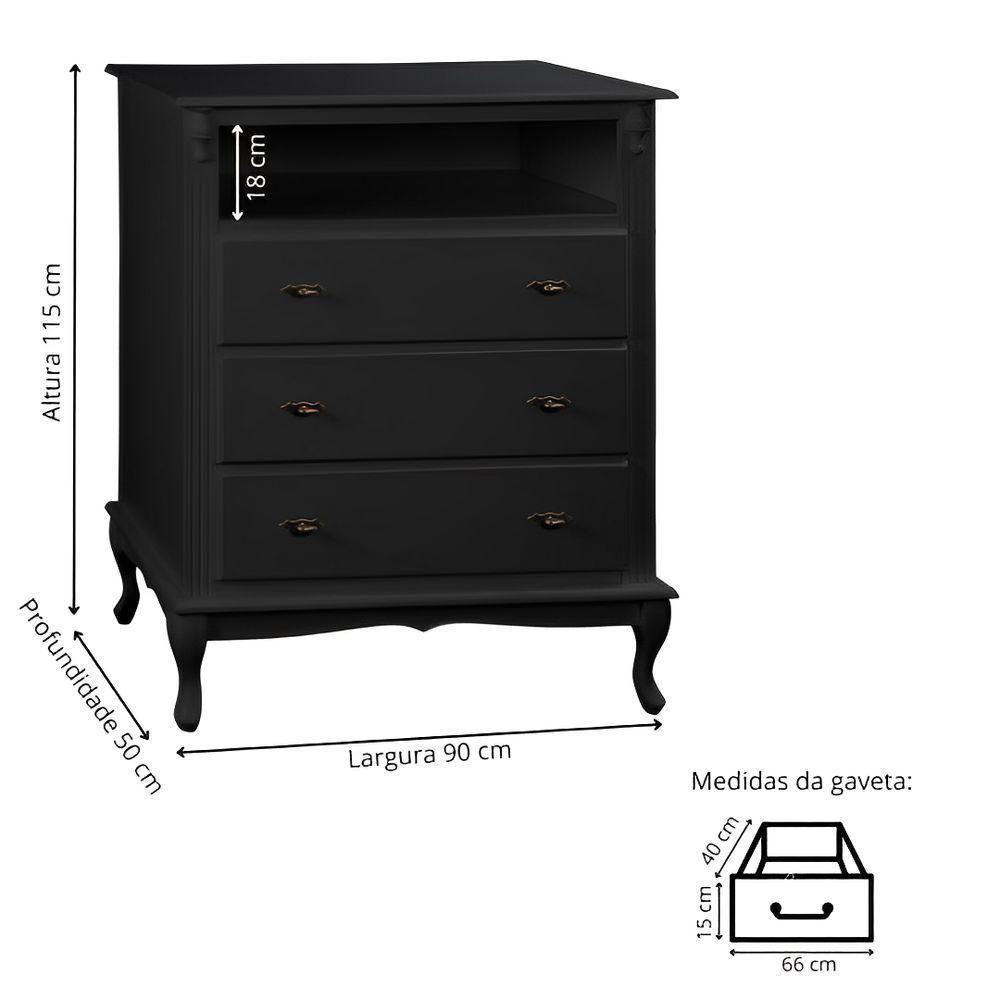 Cômoda Rústica Com 3 Gavetas E Nicho Pés Luiz Xv - Preto Laca - 4