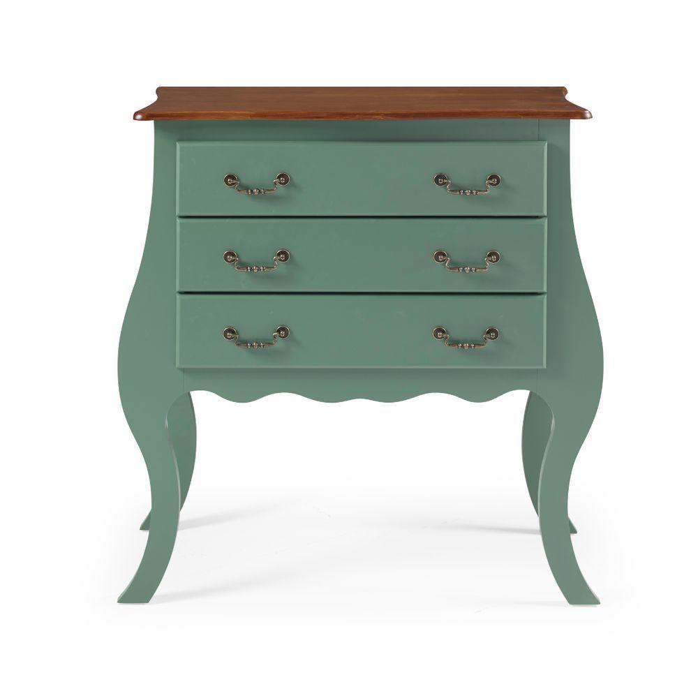 Cômoda Rústica Bombê Com 3 Gavetas - Verde Kalle Com Tampo Imbuia Glazer - 3