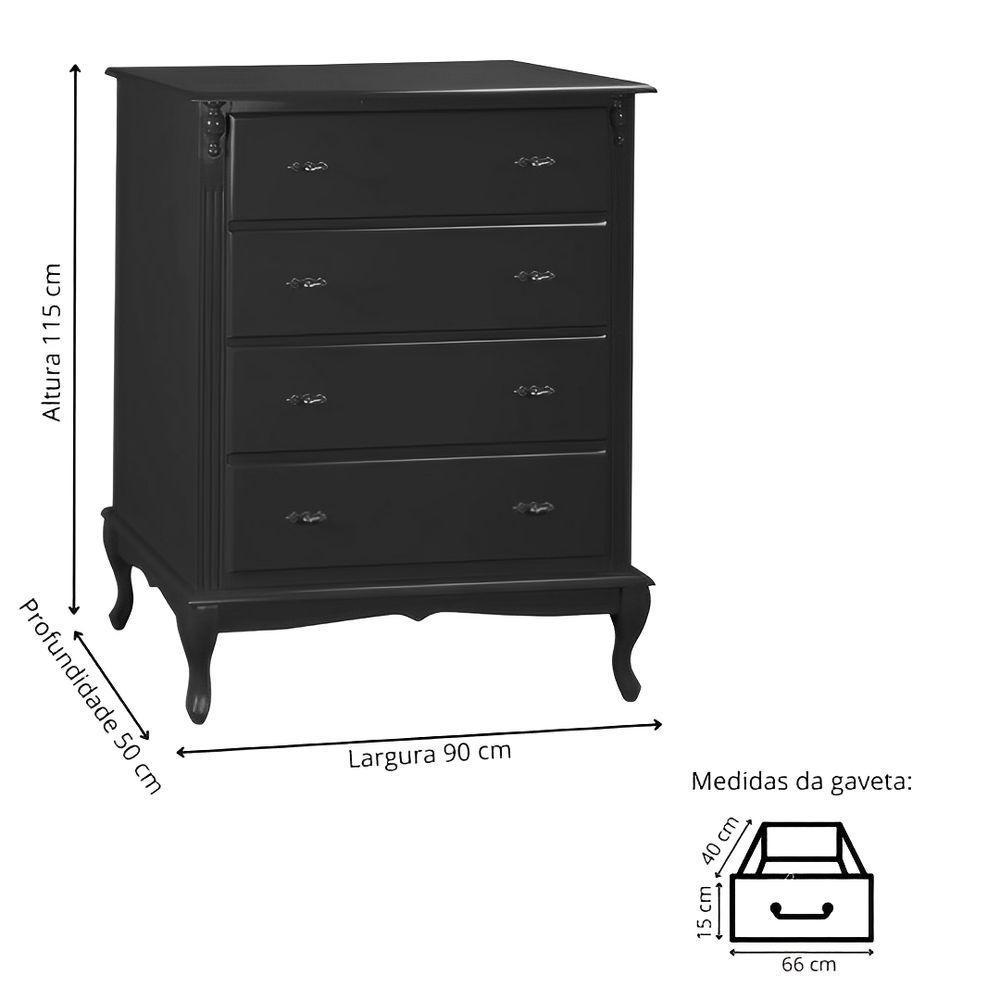 Cômoda Para Quarto Com 4 Gavetas E Pés Luiz Xv - Preto Laca - 4