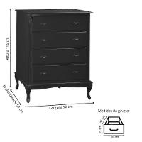 Cômoda Para Quarto Com 4 Gavetas E Pés Luiz Xv - Preto Laca - 4