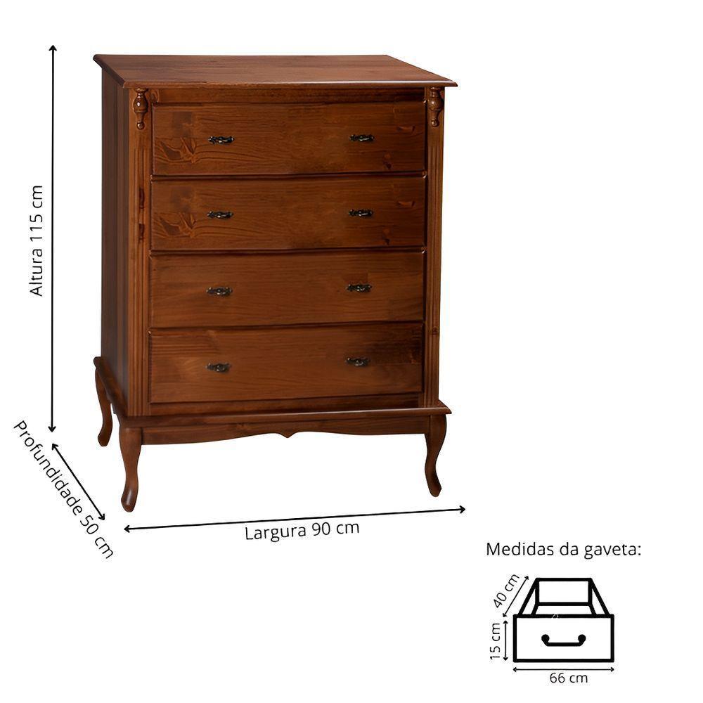 Cômoda Para Quarto Com 4 Gavetas E Pés Luiz Xv - Castanho Envelhecido - 3