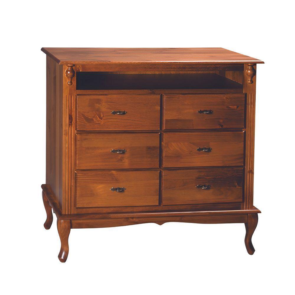 Cômoda De Madeira Com 6 Gavetas E Nicho Pés Luiz Xv - Castanho Envelhecido - 1