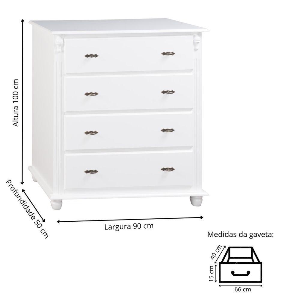 Cômoda Clássica Com 4 Gavetas E Pés Torneados - Branco Laca - 4