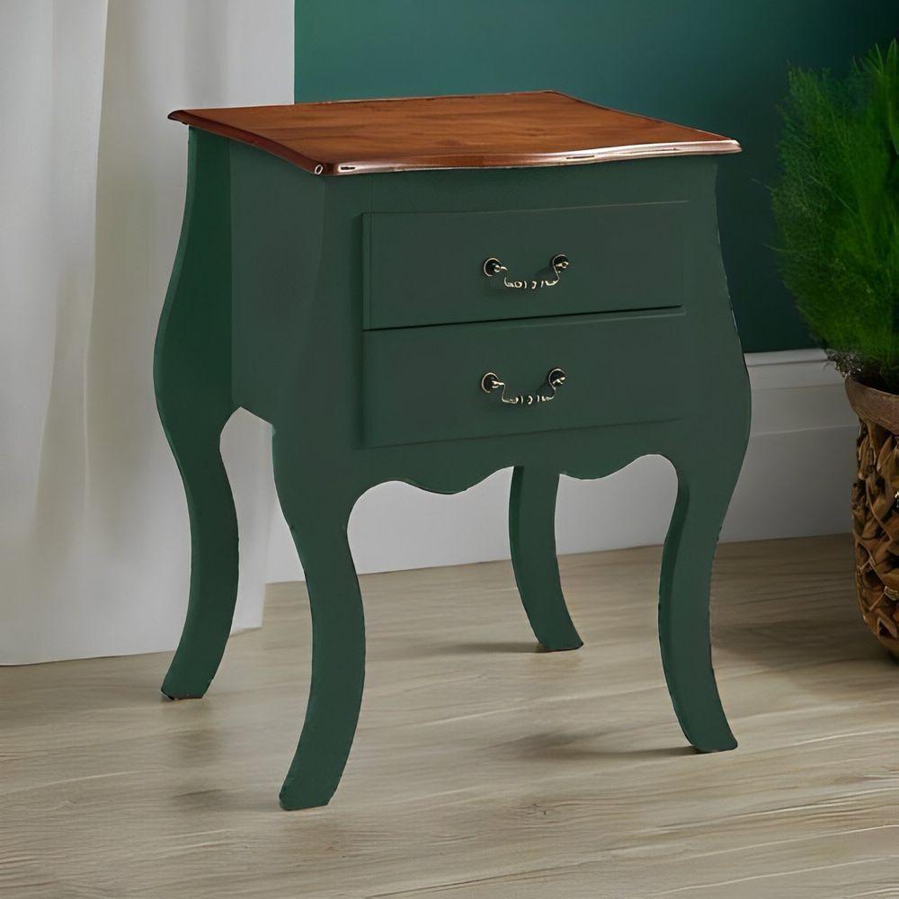 Cômoda Bombê Média De Madeira Com 2 Gavetas - Verde Kalle Com Tampo Imbuia Glazer - 1