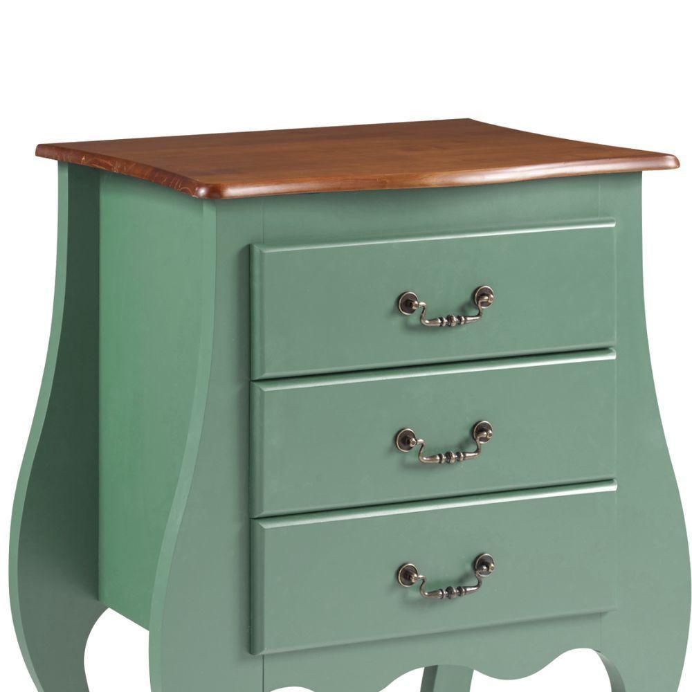 Cômoda Bombê Grande De Madeira Com 3 Gavetas - Verde Kalle Com Tampo Imbuia Glazer - 3