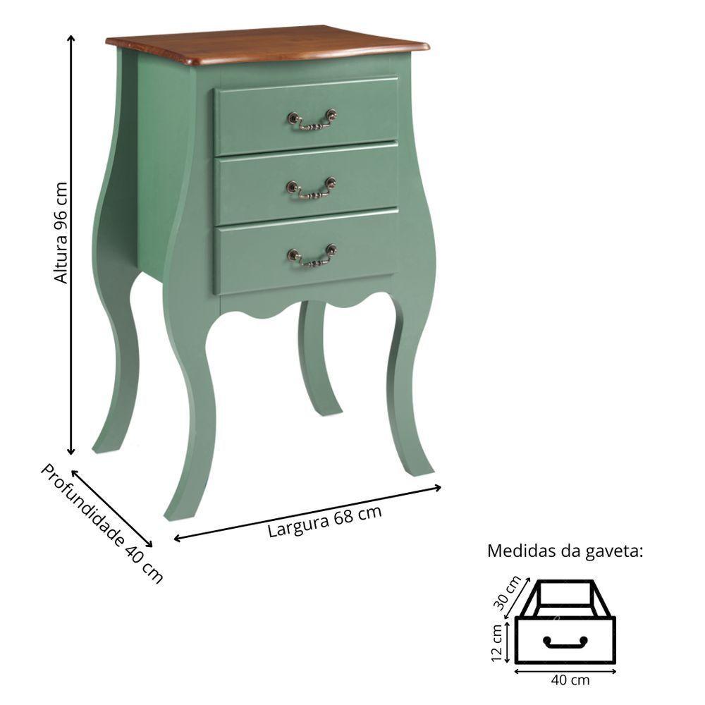 Cômoda Bombê Grande De Madeira Com 3 Gavetas - Verde Kalle Com Tampo Imbuia Glazer - 4