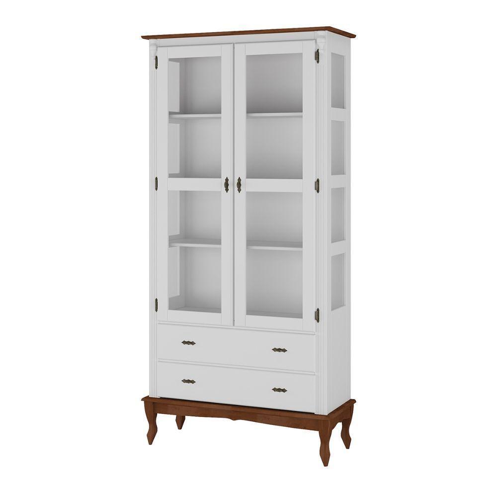 Cristaleira Rústica Em Madeira 2 Portas, 2 Gavetas E Pés Luiz Xv - Branco Laca Com Tampo E Base Imbuia Glazer - 2