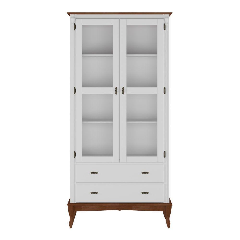 Cristaleira Rústica Em Madeira 2 Portas, 2 Gavetas E Pés Luiz Xv - Branco Laca Com Tampo E Base Imbuia Glazer - 3