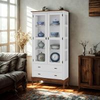 Cristaleira Rústica Em Madeira 2 Portas, 2 Gavetas E Pés Luiz Xv - Branco Laca Com Tampo E Base Imbuia Glazer - 1