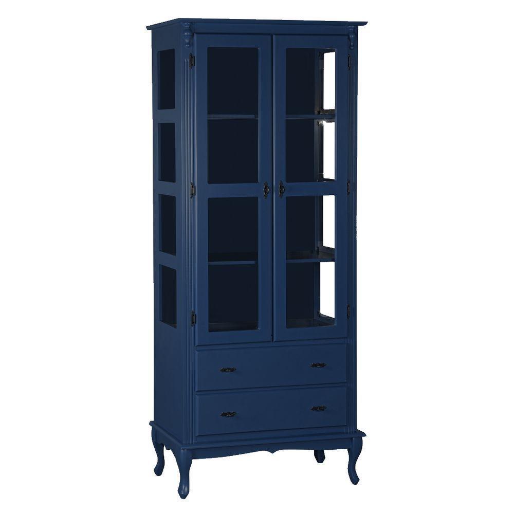 Cristaleira Rústica Em Madeira 2 Portas, 2 Gavetas E Pés Luiz Xv - Azul Bic Laca - 2