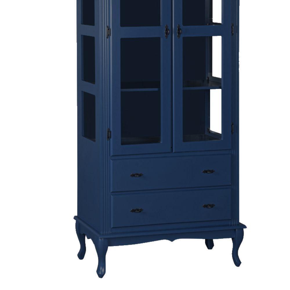 Cristaleira Rústica Em Madeira 2 Portas, 2 Gavetas E Pés Luiz Xv - Azul Bic Laca - 3