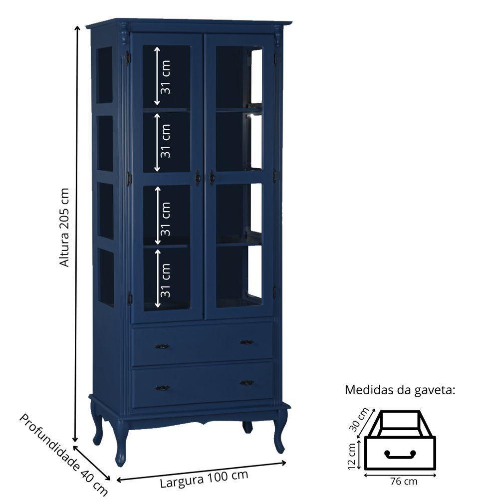 Cristaleira Rústica Em Madeira 2 Portas, 2 Gavetas E Pés Luiz Xv - Azul Bic Laca - 4