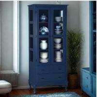 Cristaleira Rústica Em Madeira 2 Portas, 2 Gavetas E Pés Luiz Xv - Azul Bic Laca - 1