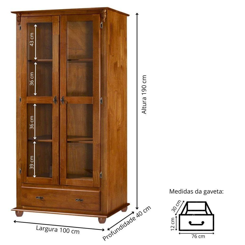 Cristaleira Rústica De Madeira Com 2 Portas, 3 Prateleiras, 1 Gaveta E Pés Torneados - Imbuia Glazer - 4