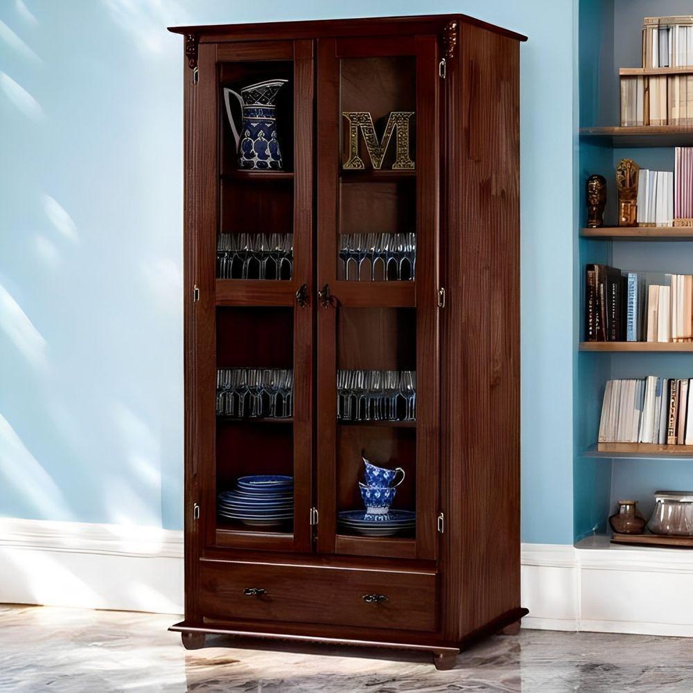 Cristaleira Rústica De Madeira Com 2 Portas, 3 Prateleiras, 1 Gaveta E Pés Torneados - Pinhão - 1