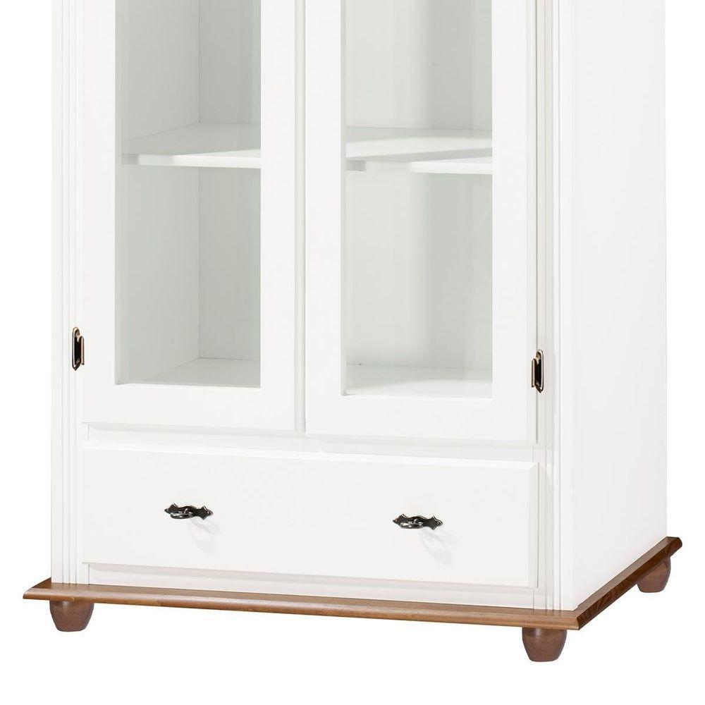Cristaleira Rústica De Madeira Com 2 Portas, 3 Prateleiras, 1 Gaveta E Pés Torneados - Branco Com Tampo E Base Imbuia - 3