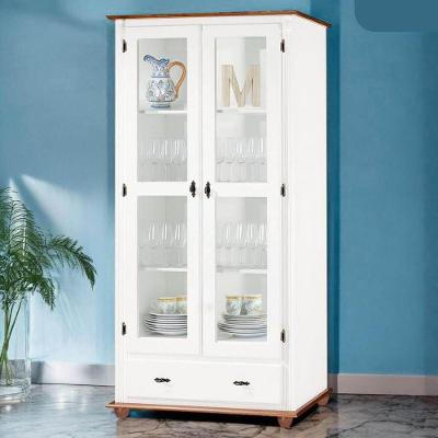 Cristaleira Rústica De Madeira Com 2 Portas, 3 Prateleiras, 1 Gaveta E Pés Torneados - Branco Com Tampo E Base Imbuia