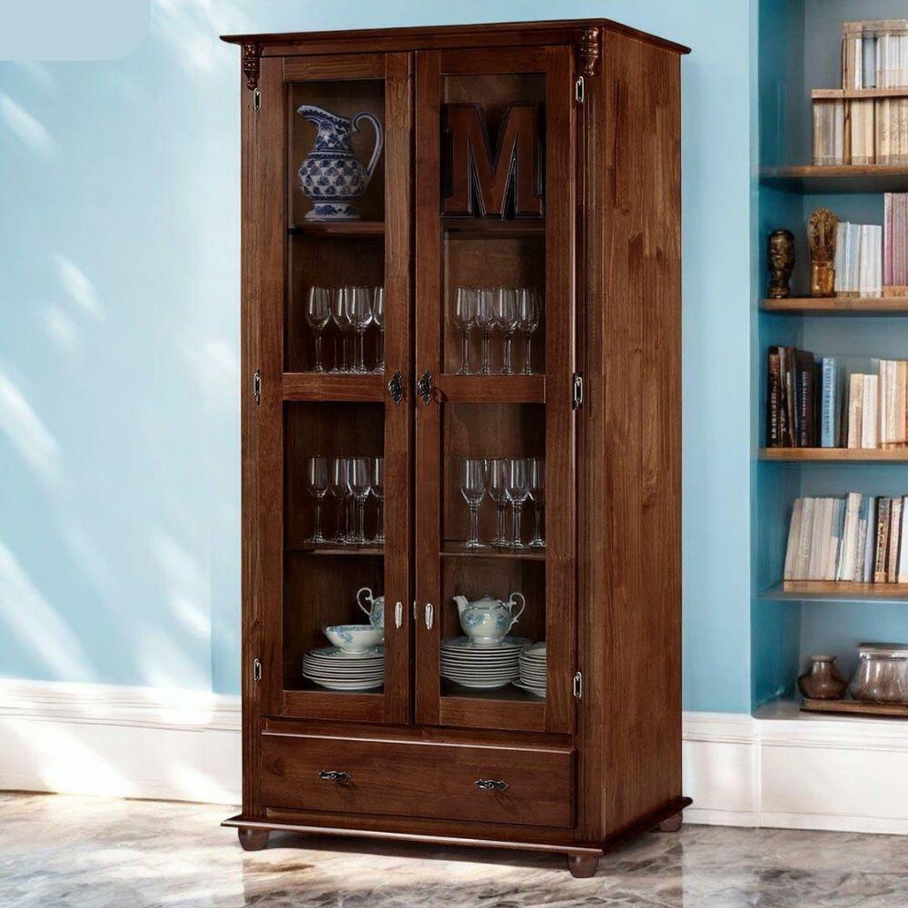 Cristaleira Rústica De Madeira Com 2 Portas, 3 Prateleiras, 1 Gaveta E Pés Torneados - Castanho Envelhecido - 1