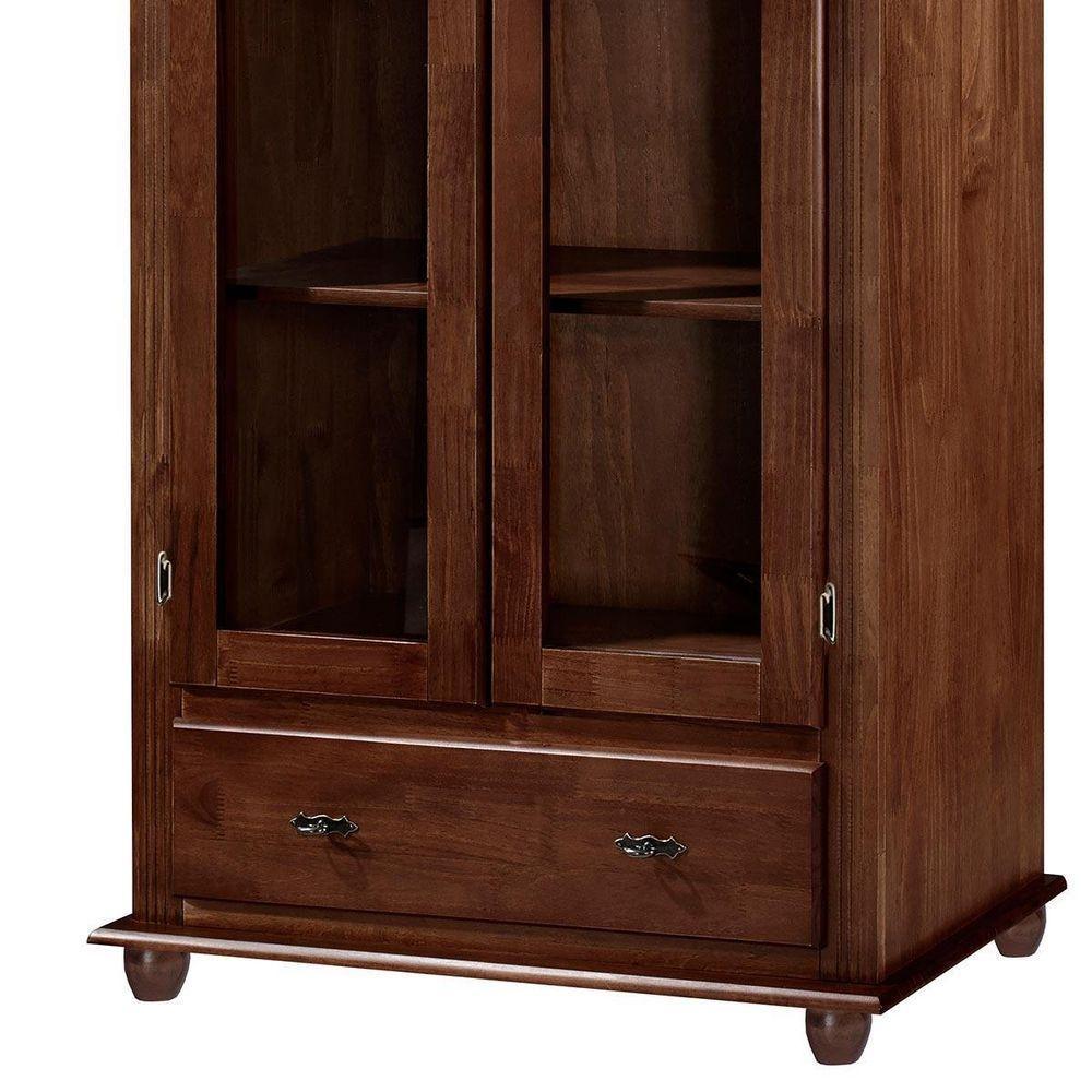 Cristaleira Rústica De Madeira Com 2 Portas, 3 Prateleiras, 1 Gaveta E Pés Torneados - Castanho Envelhecido - 2