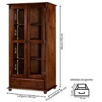 Cristaleira Rústica De Madeira Com 2 Portas, 3 Prateleiras, 1 Gaveta E Pés Torneados - Castanho Envelhecido - 3