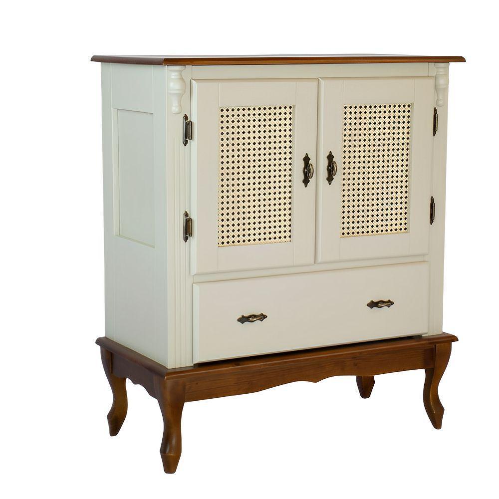 Cristaleira Rústica De Madeira Com 2 Portas Em Rattan E 1 Gaveta - Nude Laca Com Tampo E Base Imbuia Glazer - 1