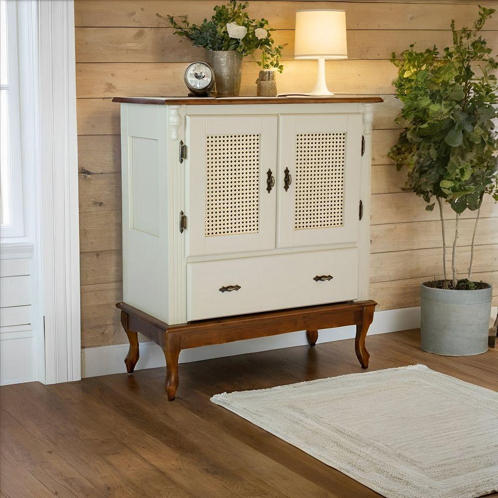 Cristaleira Rústica De Madeira Com 2 Portas Em Rattan E 1 Gaveta - Nude Laca Com Tampo E Base Imbuia Glazer - 2