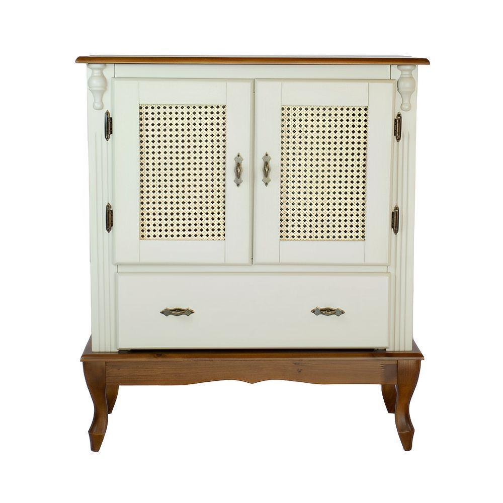 Cristaleira Rústica De Madeira Com 2 Portas Em Rattan E 1 Gaveta - Nude Laca Com Tampo E Base Imbuia Glazer - 3