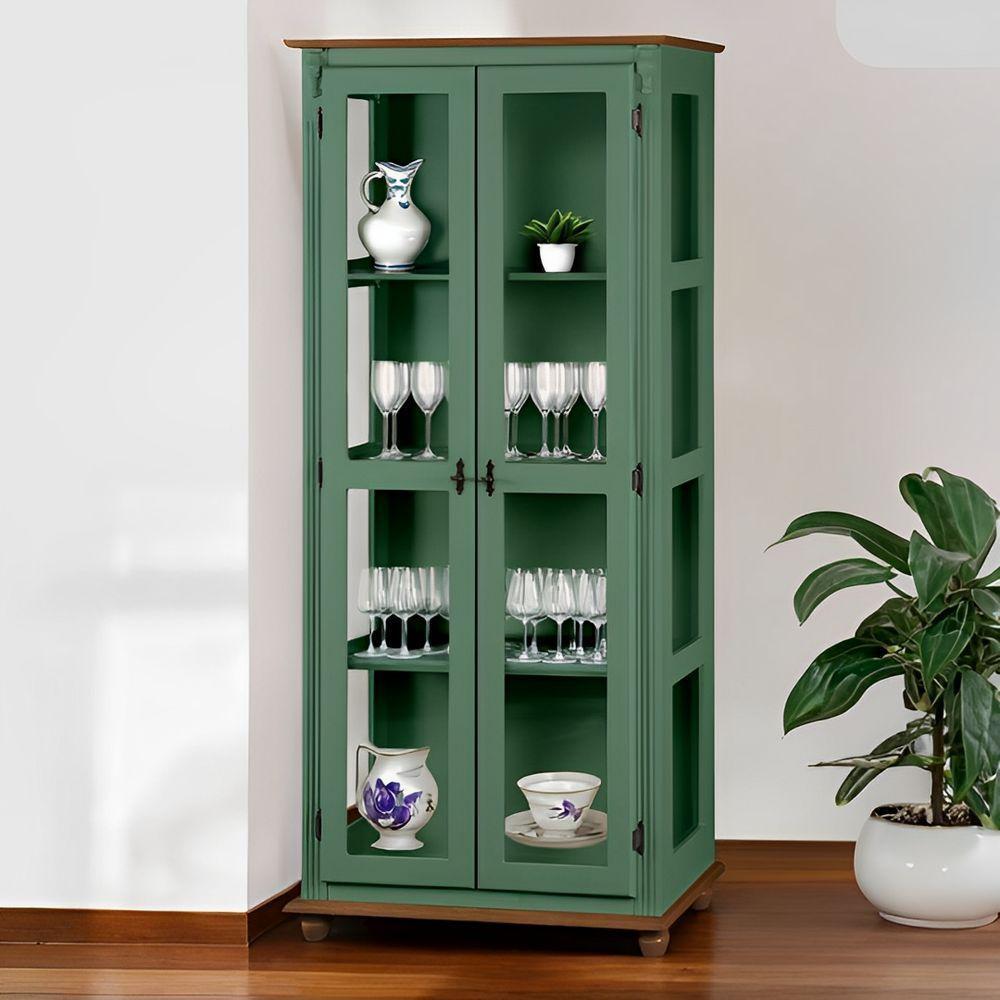 Cristaleira Rústica De Madeira 3 Prateleiras Pés Torneados - Verde Kalle Laca Com Tampo E Base Imbuia Glazer - 1