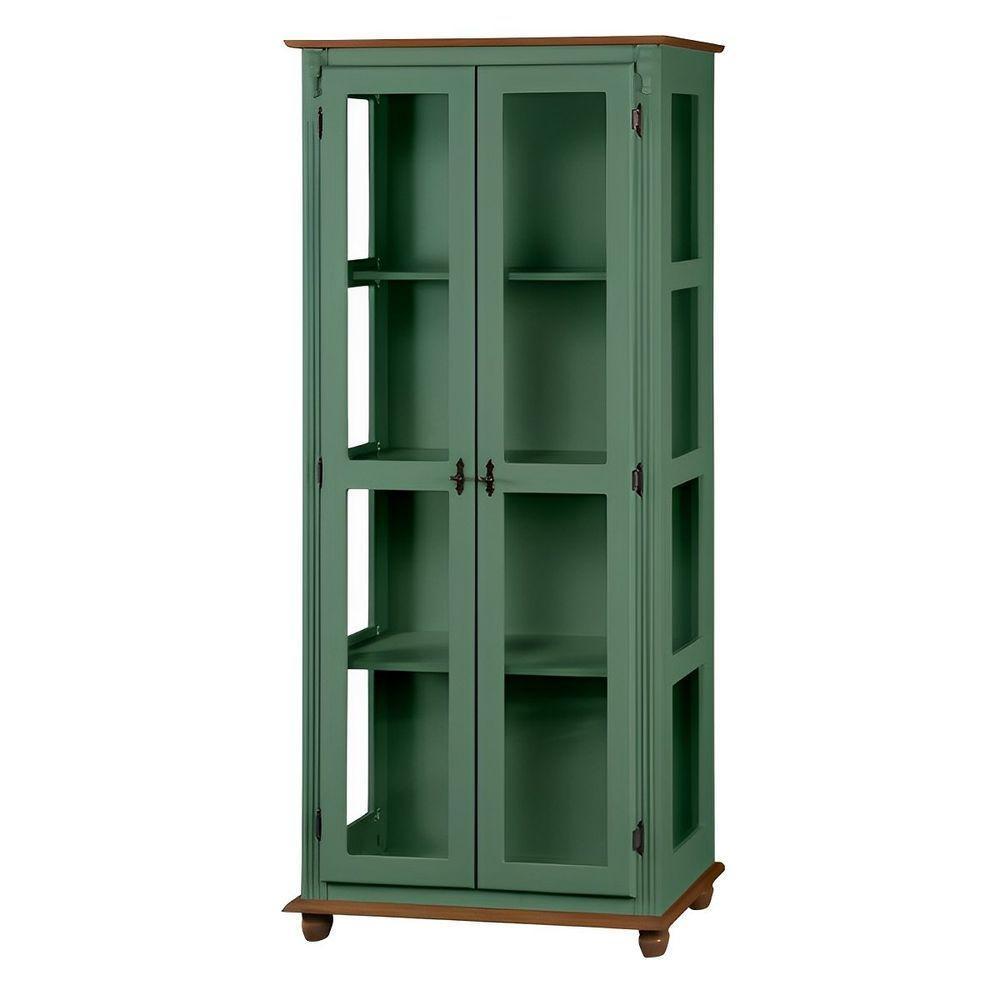 Cristaleira Rústica De Madeira 3 Prateleiras Pés Torneados - Verde Kalle Laca Com Tampo E Base Imbuia Glazer - 2