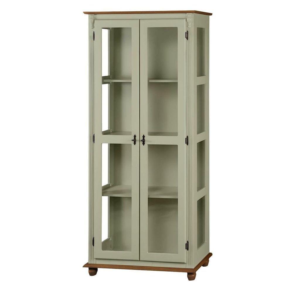 Cristaleira Rústica De Madeira 3 Prateleiras Pés Torneados - Verde Chá Com Tampo E Base Imbuia Glazer - 2