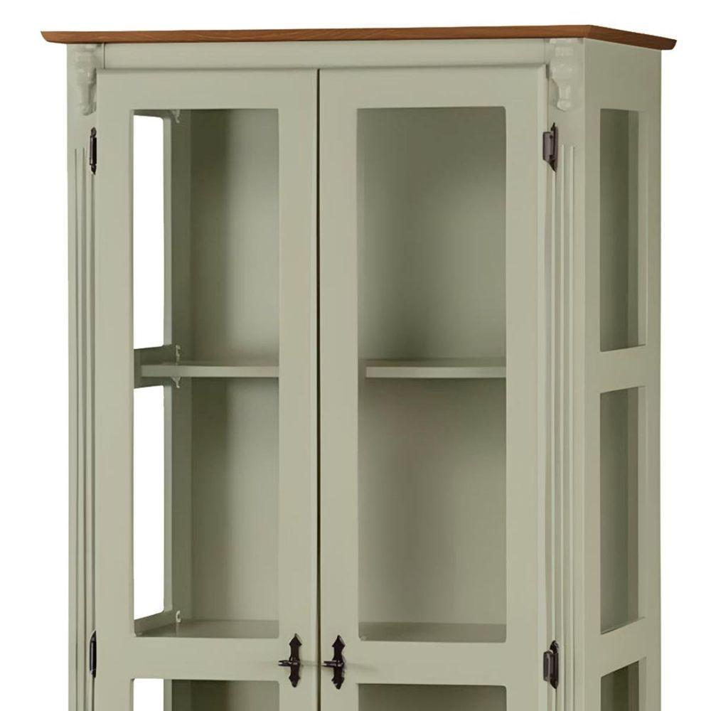 Cristaleira Rústica De Madeira 3 Prateleiras Pés Torneados - Verde Chá Com Tampo E Base Imbuia Glazer - 3