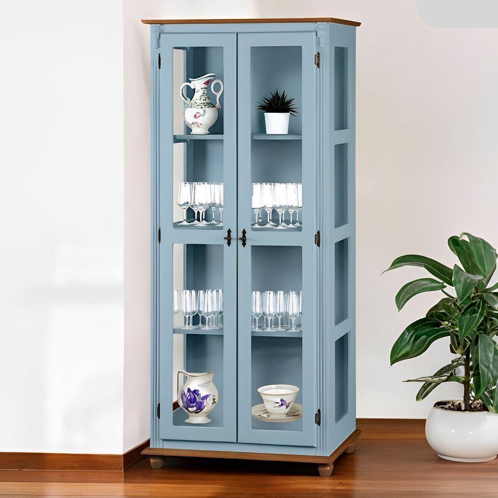 Cristaleira Rústica De Madeira 3 Prateleiras Pés Torneados - Azul Céu Laca Com Tampo E Base Imbuia Glazer - 1