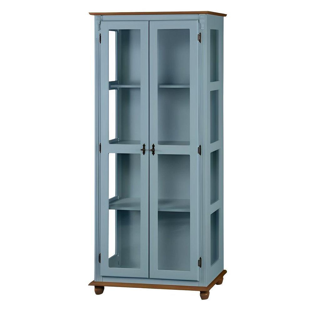 Cristaleira Rústica De Madeira 3 Prateleiras Pés Torneados - Azul Céu Laca Com Tampo E Base Imbuia Glazer - 2