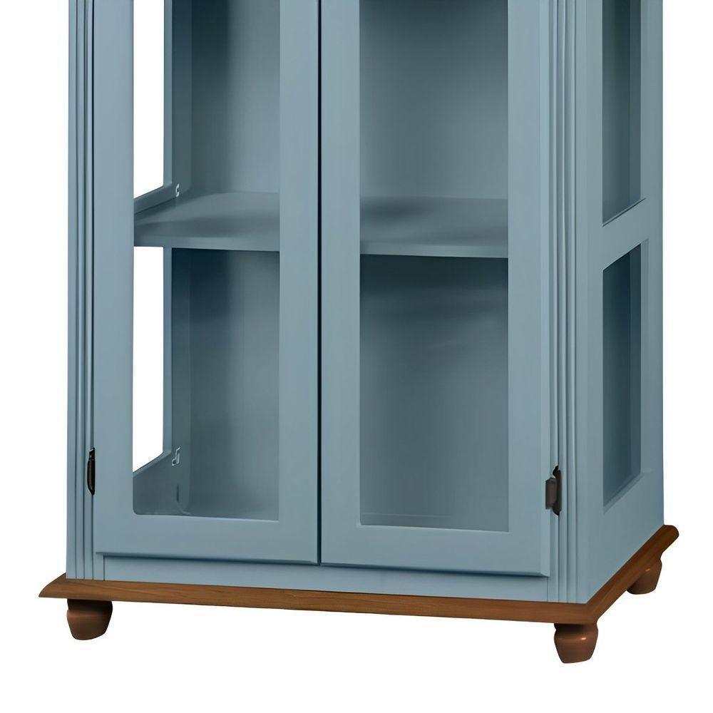 Cristaleira Rústica De Madeira 3 Prateleiras Pés Torneados - Azul Céu Laca Com Tampo E Base Imbuia Glazer - 3