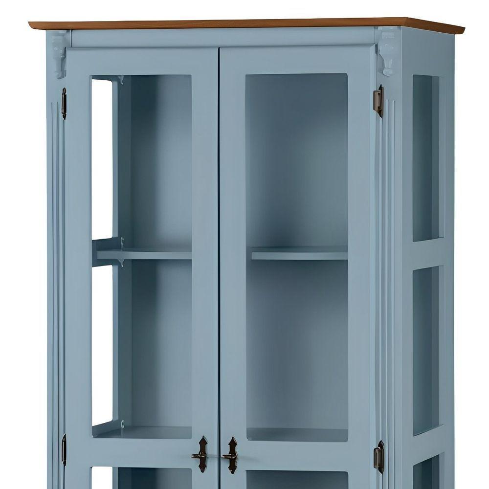 Cristaleira Rústica De Madeira 3 Prateleiras Pés Torneados - Azul Céu Laca Com Tampo E Base Imbuia Glazer - 4