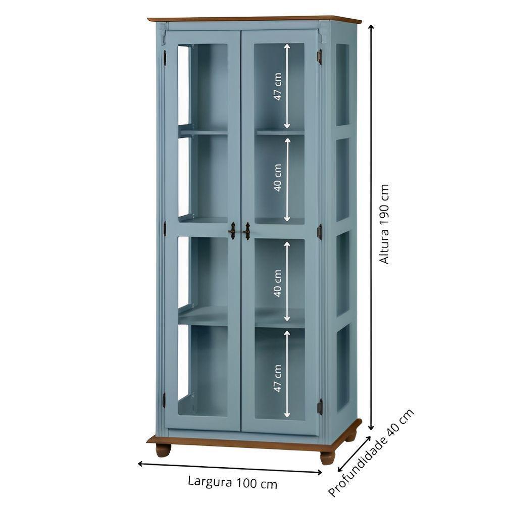 Cristaleira Rústica De Madeira 3 Prateleiras Pés Torneados - Azul Céu Laca Com Tampo E Base Imbuia Glazer - 5
