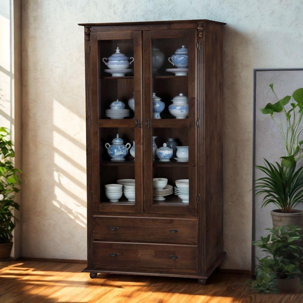 Cristaleira Rústica De Madeira 2 Portas E 2 Gavetas Com Pés Torneados Meyer Móveis - Pinhão - 2