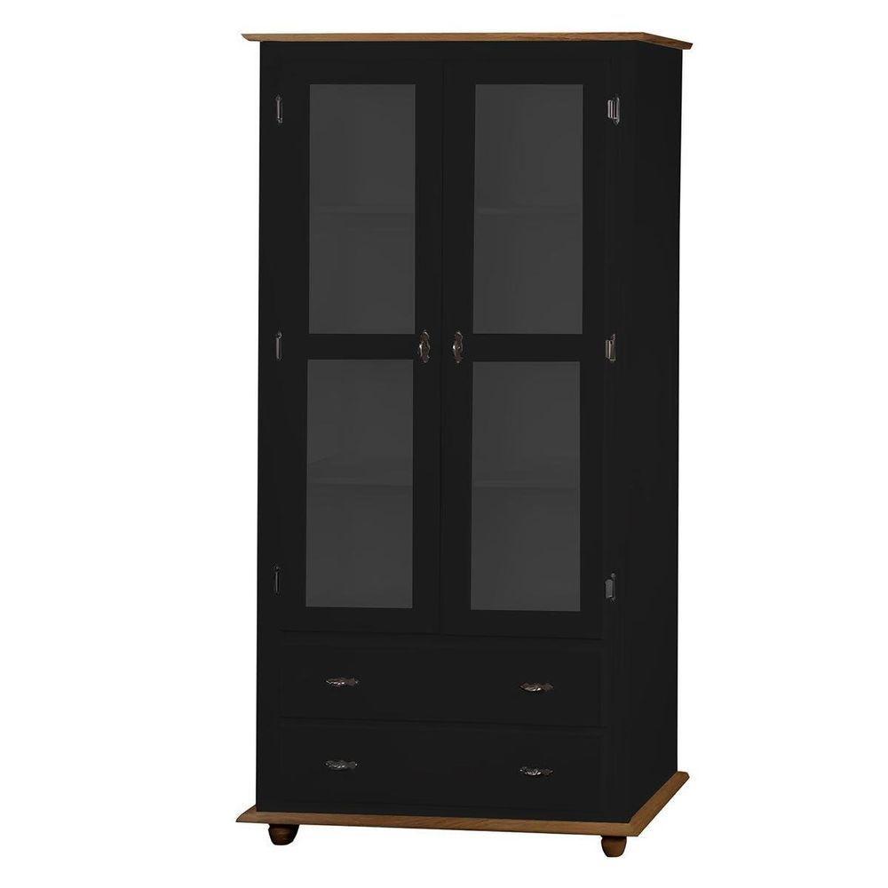 Cristaleira Rústica De Madeira 2 Portas E 2 Gavetas Com Pés Torneados - Preto Laca Com Tampo E Base Imbuia Glazer - 1