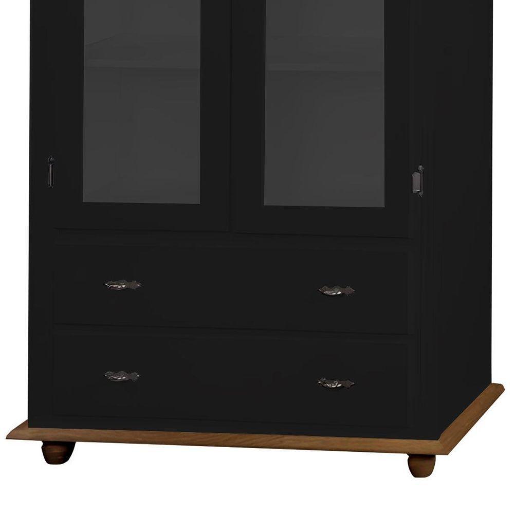 Cristaleira Rústica De Madeira 2 Portas E 2 Gavetas Com Pés Torneados - Preto Laca Com Tampo E Base Imbuia Glazer - 3