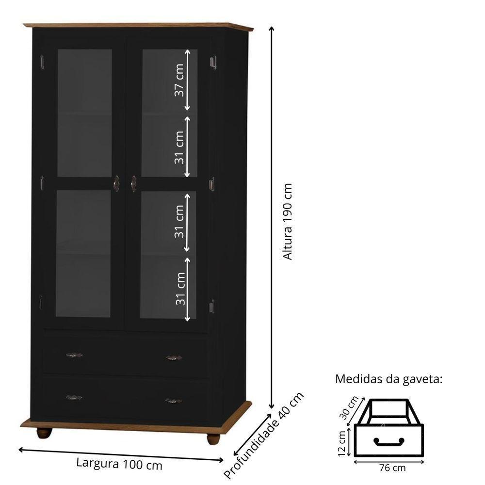Cristaleira Rústica De Madeira 2 Portas E 2 Gavetas Com Pés Torneados - Preto Laca Com Tampo E Base Imbuia Glazer - 5
