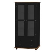 Cristaleira Rústica De Madeira 2 Portas E 2 Gavetas Com Pés Torneados - Preto Laca Com Tampo E Base Imbuia Glazer - 1