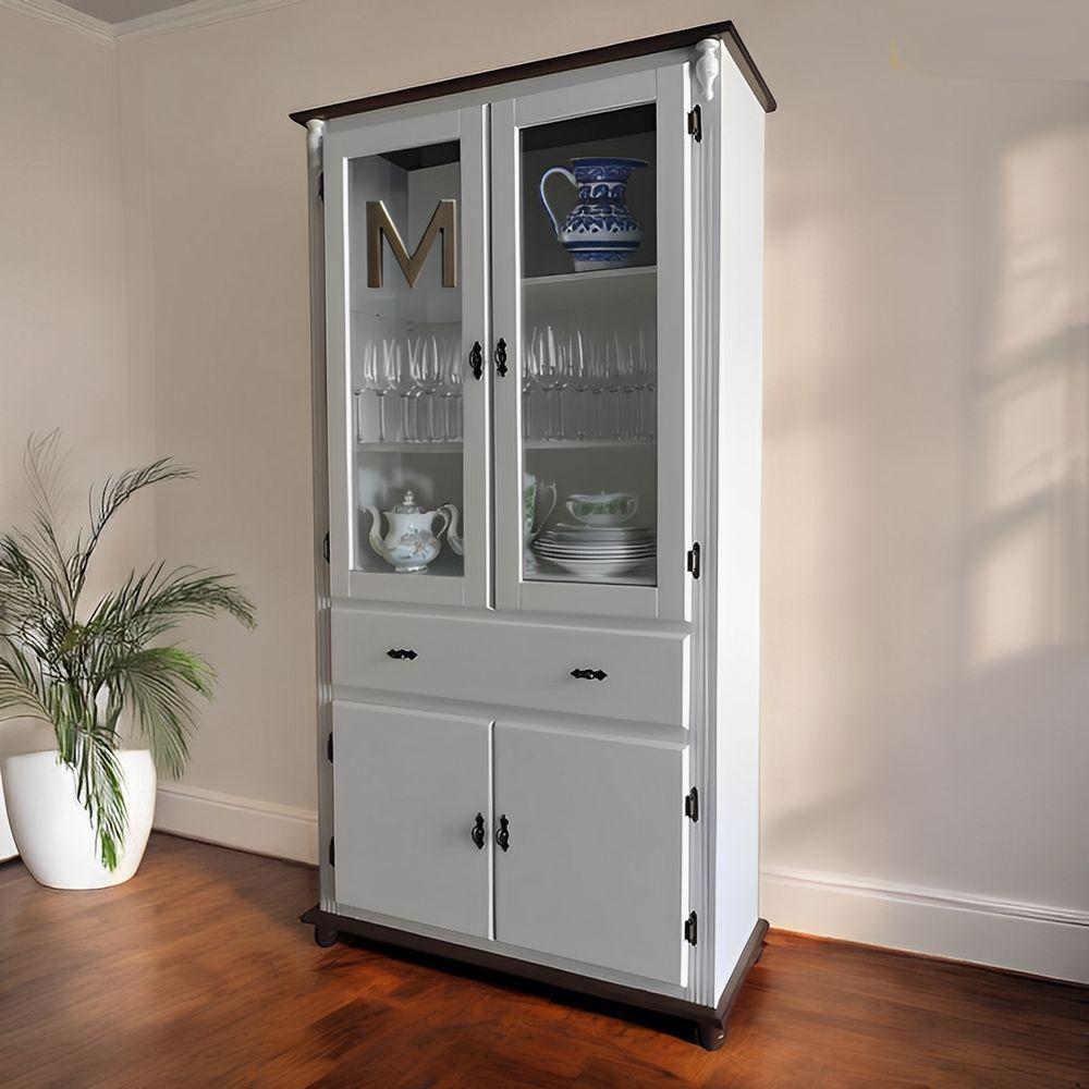 Cristaleira De Madeira 2 Portas 3 Prateleiras 1 Gaveta Pés Torneados - Branco Laca Com Tampo E Base Imbuia Glazer - 2