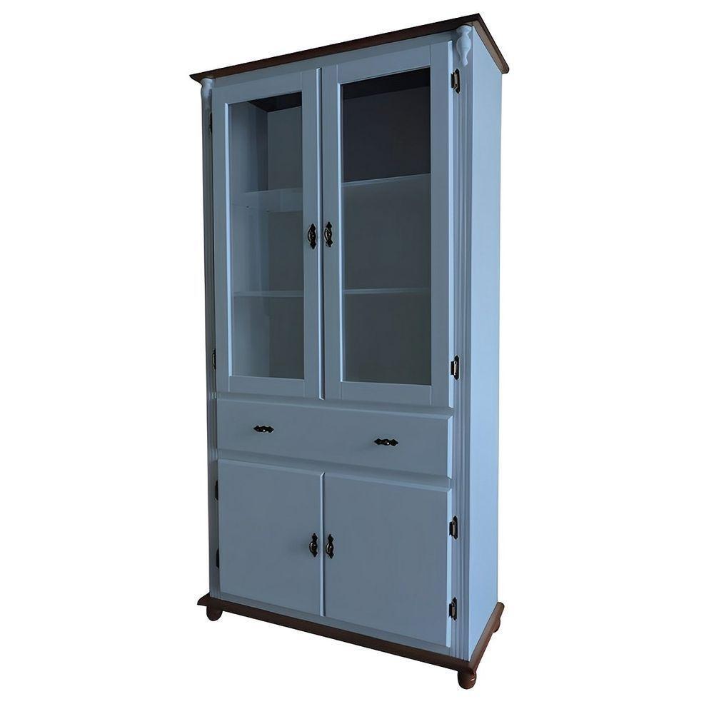 Cristaleira De Madeira 2 Portas 3 Prateleiras 1 Gaveta Pés Torneados - Azul Céu Laca Com Tampo E Base Imbuia Glazer - 1