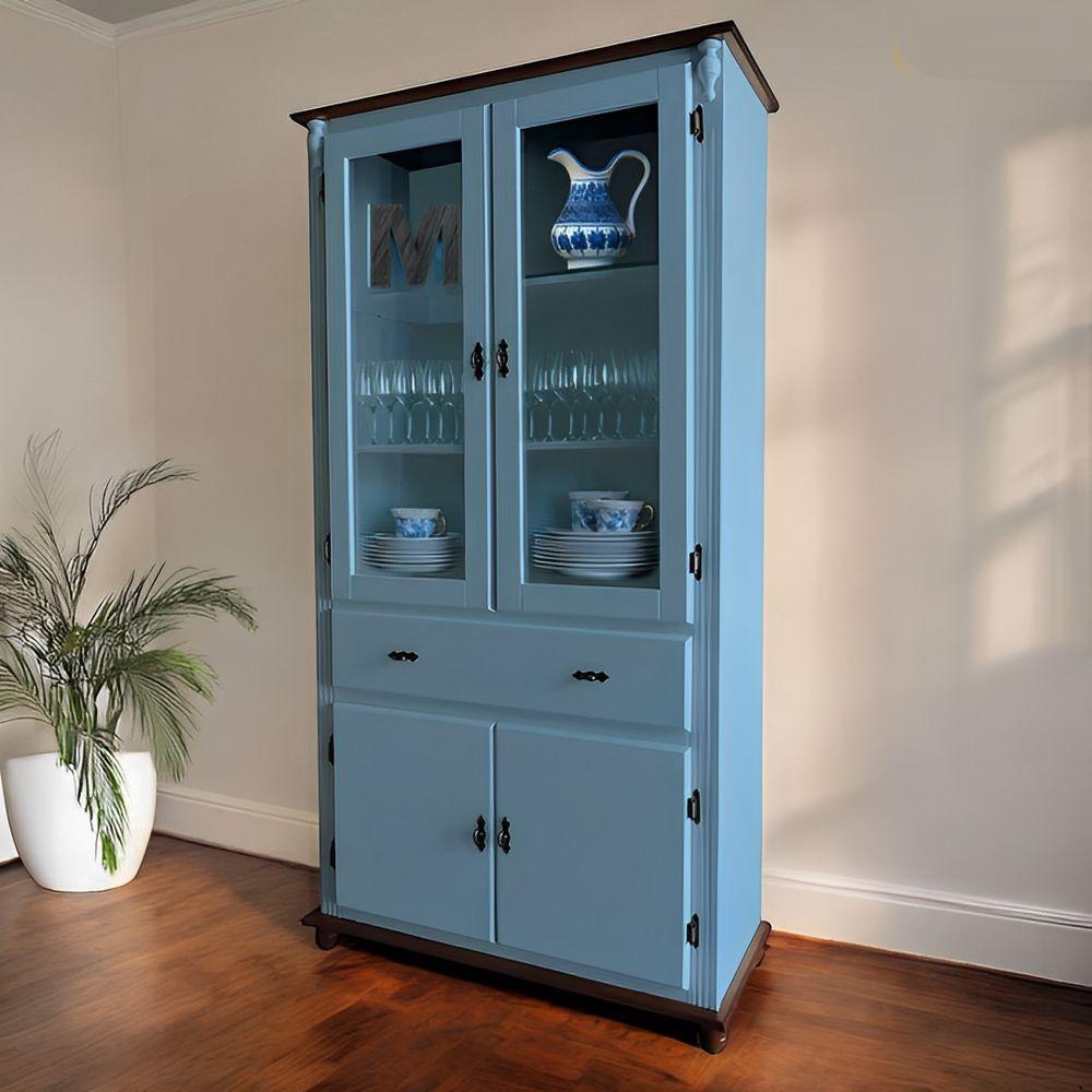 Cristaleira De Madeira 2 Portas 3 Prateleiras 1 Gaveta Pés Torneados - Azul Céu Laca Com Tampo E Base Imbuia Glazer - 2