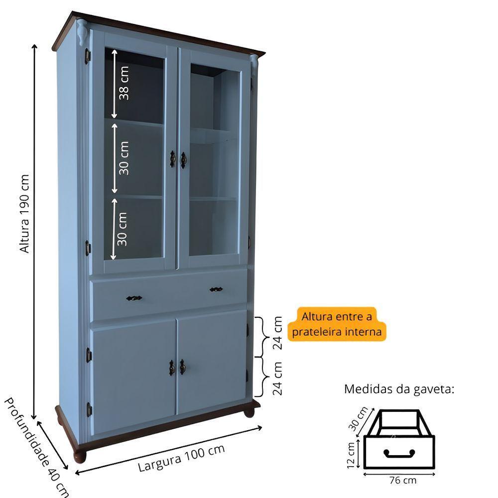 Cristaleira De Madeira 2 Portas 3 Prateleiras 1 Gaveta Pés Torneados - Azul Céu Laca Com Tampo E Base Imbuia Glazer - 5